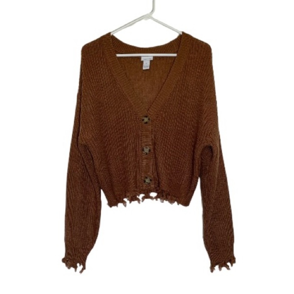Rue 21 Brown Button Up Knit Sweater/Cardigan Frayed Edges Cropped Medium
